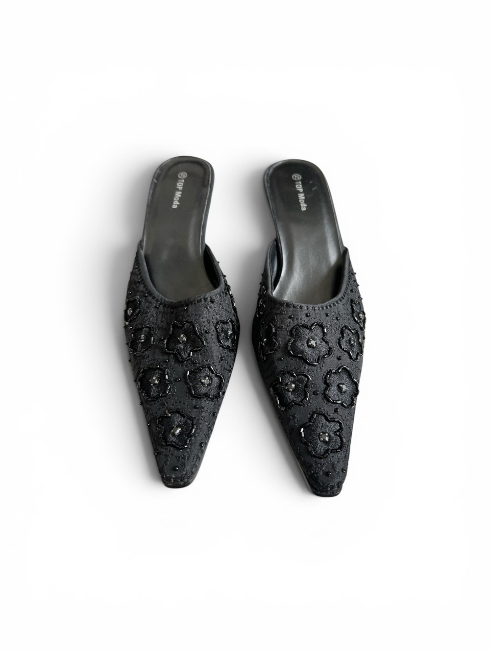 Top Moda Black Embellished Floral Beaded Kitten Heel Mules – Women’s Size 7.5